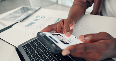 Buy stock photo Business person, hands and research with phone screen or documents for online review or statistics. Closeup, employee or website with mobile smartphone, graph or chart for analytics or data analysis