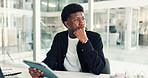 Business man, thinking or tablet in office, research or  problem solving for copywriting startup solution. Planning, inspiration or reflection with African editor, insight or creative perspective