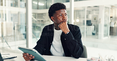 Buy stock photo Business man, thinking or tablet in office, research or  problem solving for copywriting startup solution. Planning, inspiration or reflection with African editor, insight or creative perspective