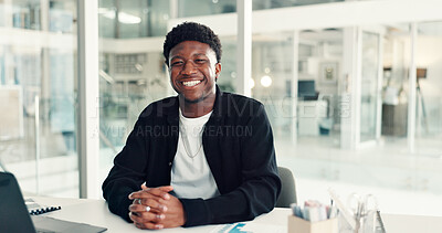 Buy stock photo Portrait, business and black man in office, smile and charts for profit increase. African person, professional and happy employee in workplace, financial report and graphs for sales growth and pride