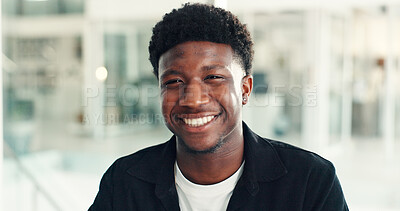 Buy stock photo Portrait, business and man in office with bokeh, entry level and skill growth in corporate job. Confident, happy and marketing intern in workplace with smile, development or goals in career start.