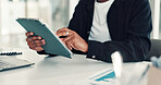 Tablet, research and hands of businessman in office with email, communication or contact. Digital technology, professional and male creative director with online article for publishing in workplace.