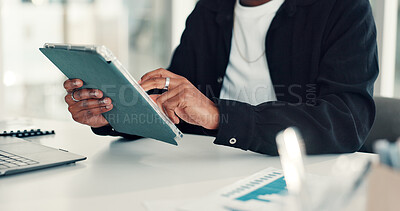 Buy stock photo Tablet, research and hands of businessman in office with email, communication or contact. Digital technology, professional and male creative director with online article for publishing in workplace.