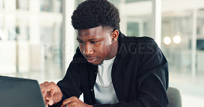 Buy stock photo Business, online reading and black man with laptop, creative agency and email with manuscript. Person, employee and journalist in office, pc and editing with magazine website and research for article