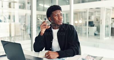 Buy stock photo Businessman, thinking or notes in office, research or ideas in notebook for social media marketing. Planning, inspiration or insight with African editor, laptop or graph for online traffic at startup