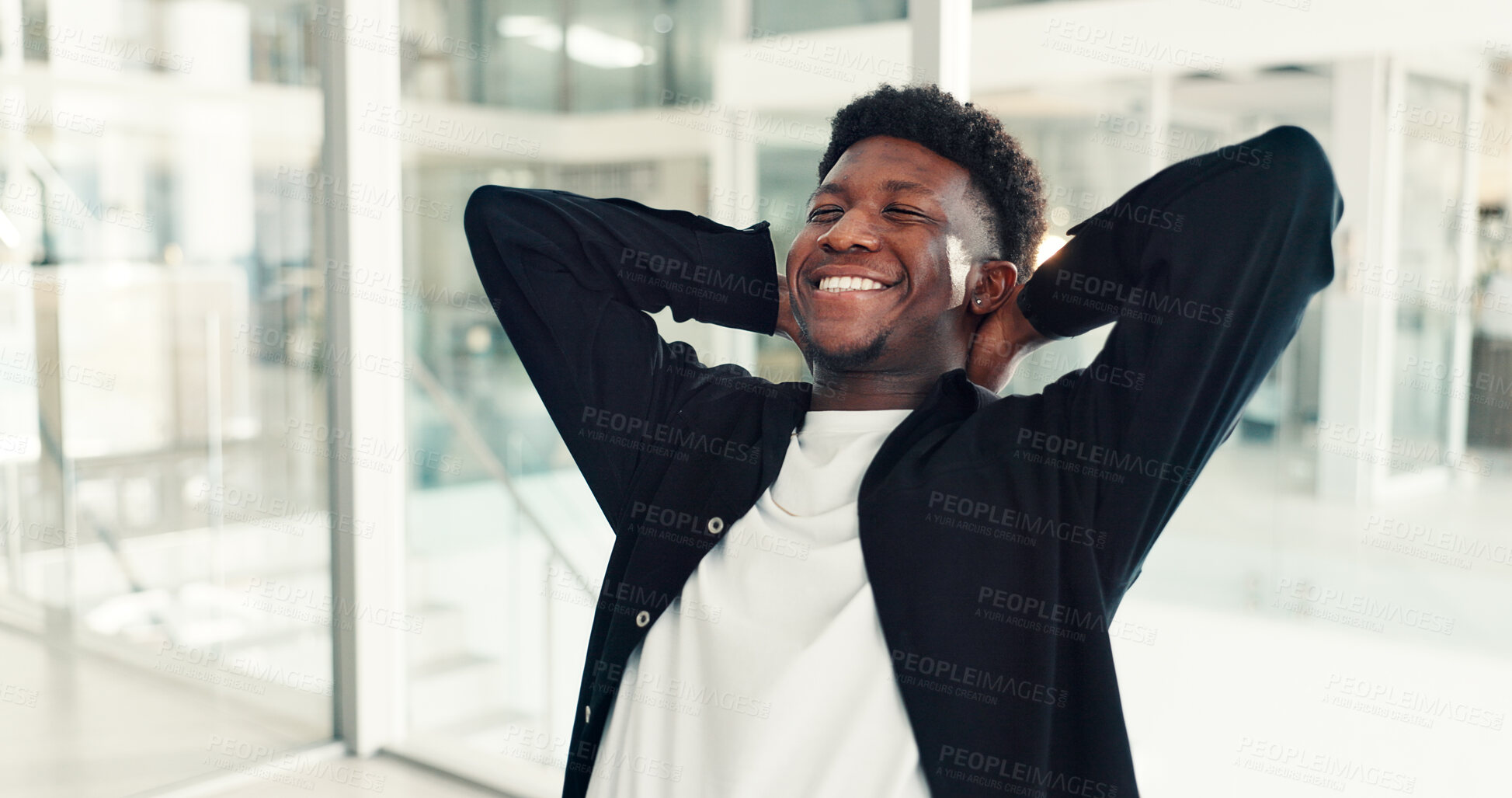 Buy stock photo Break, black man and relax in office for business, complete task and success. Peace, calm and happy employee finish work, project productivity and stretching for target achievement in creative agency