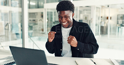 Buy stock photo Celebration, laptop and black man in office with job promotion, career victory or achievement. Happy, cheering and business person with winner for bonus, approval or client target in workplace