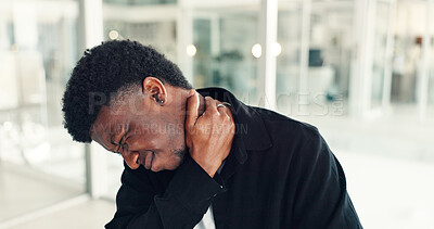 Buy stock photo Business, black man and neck pain in office with tension, pressure or joint ache at work. Male person, employee and stiffness with cramping, inflammation or fibromyalgia with injury in workplace