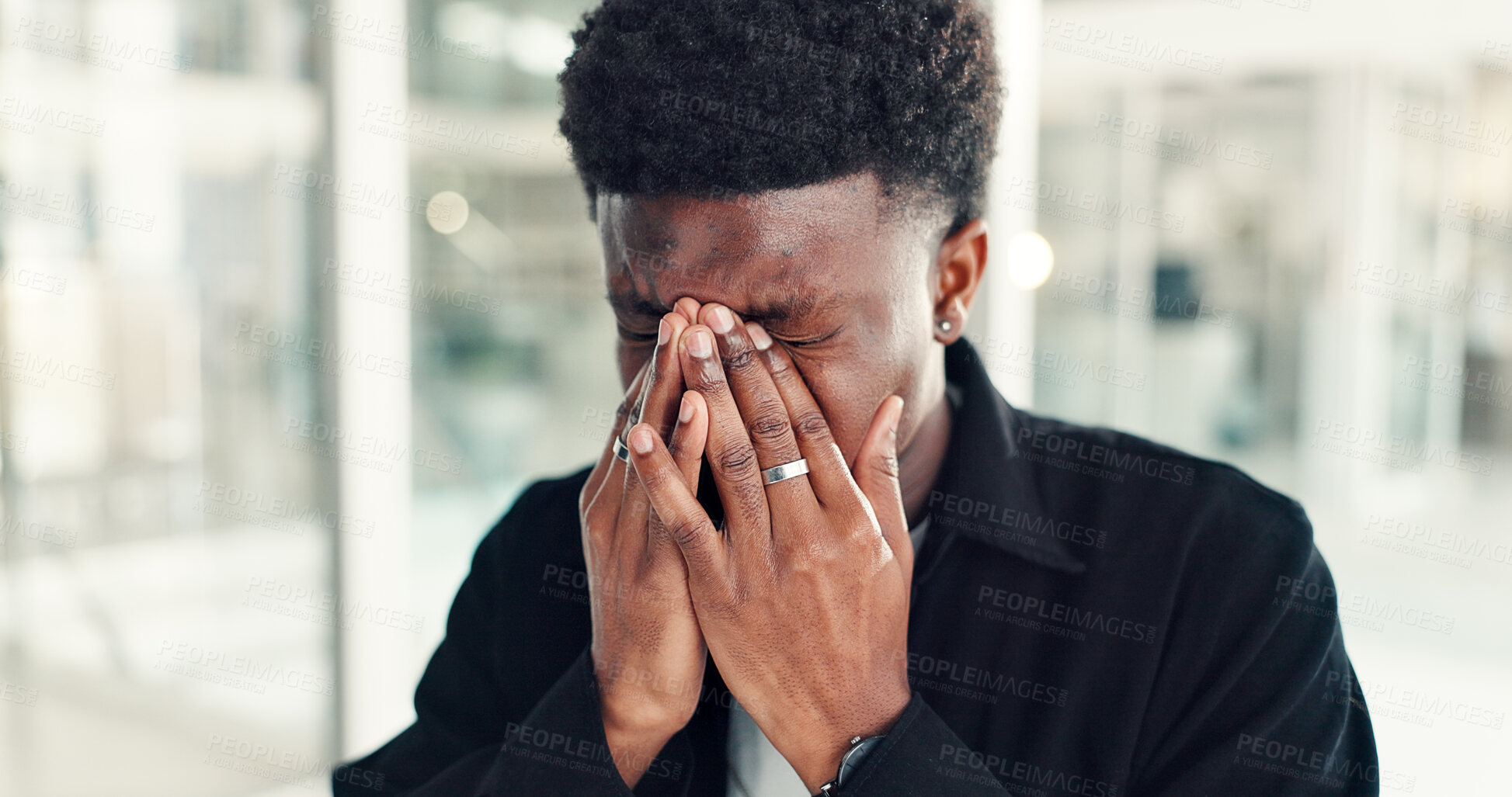 Buy stock photo Headache, black man or stress in office with deadline, frustrated and tired from work. Anxiety, business person or burnout in company with eye strain, overworked or pressure for economic uncertainty.