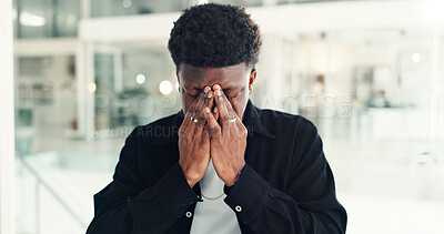 Buy stock photo Headache, black man or stress in office with deadline, frustrated and tired from work. Pressure, business person or burnout in company with eye strain, overworked or anxiety for economic uncertainty.
