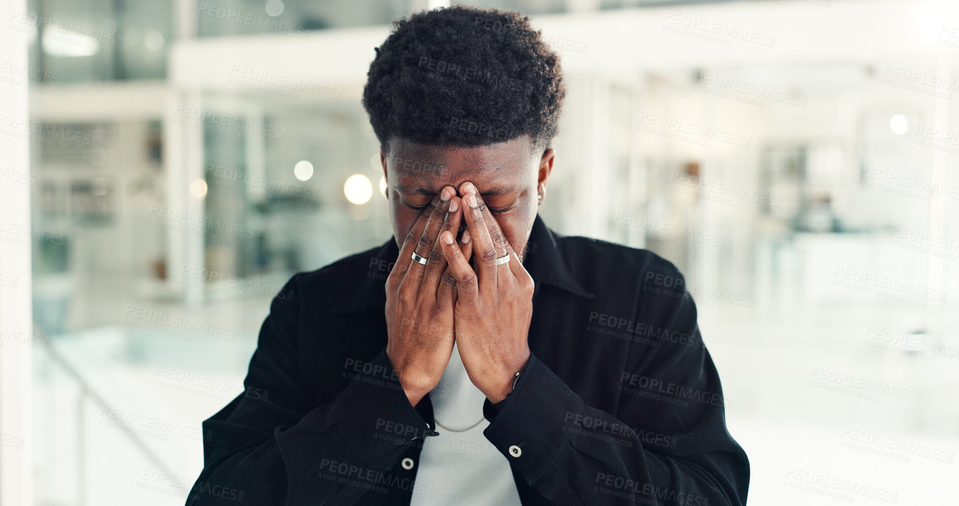 Buy stock photo Headache, black man or stress in office with deadline, frustrated and tired from work. Pressure, business person or burnout in company with eye strain, overworked or anxiety for economic uncertainty.