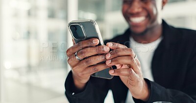 Buy stock photo Hands, business man and phone in office with good news, article feedback or editor email. Space, journalist and smile with smartphone at agency for publication approval, notification or communication