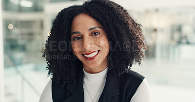 Buy stock photo Portrait, business and woman in office with smile, career or skill development at corporate job. Happy, pride and analyst in workplace with confidence, opportunity or goal for professional growth