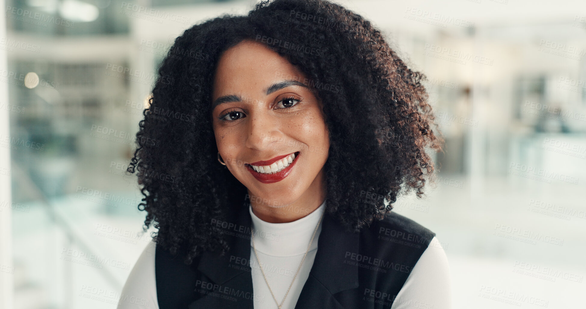 Buy stock photo Portrait, business and woman in office with smile, career or skill development at corporate job. Happy, pride and analyst in workplace with confidence, opportunity or goal for professional growth
