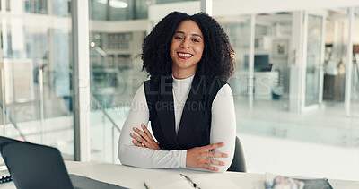 Buy stock photo Portrait, happy and woman in office with arms crossed, pride and growth opportunity in tech startup. Smile, confident and female person in business with technology, ambition or development in company