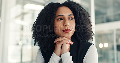 Buy stock photo Serious, business and thinking with woman in office for vision, finance planning and budget choice. Thoughts, accountant and problem solving with reflection, financial decision and investment ideas