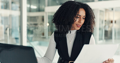 Buy stock photo Reading, paperwork or woman in office with report, payroll records or HR administration for company. Review, consultant or female person in workplace with document, employee register or timesheet