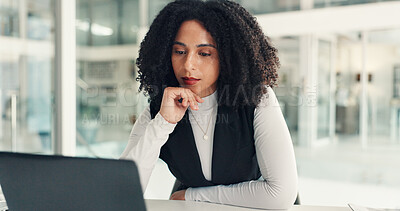 Buy stock photo Business woman, reading and laptop in office with planning for litigation, judicial hearing or review case report. Female lawyer, research or online info analysis for corporate law or legal aid