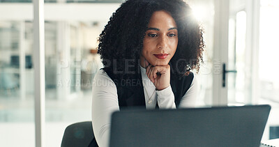 Buy stock photo Woman, reading or thinking with laptop in office for planning, litigation and judicial hearing with case report review. Female lawyer, research or online info analysis for corporate law or legal aid