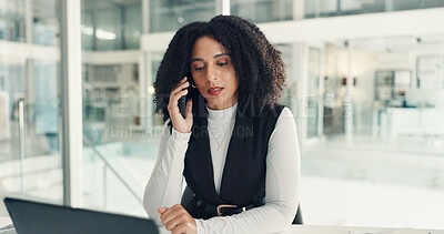 Buy stock photo Reading, phone call and business woman on laptop for proofreading report, article and website review. Office, publisher and person with tech for editing, communication and story for digital magazine