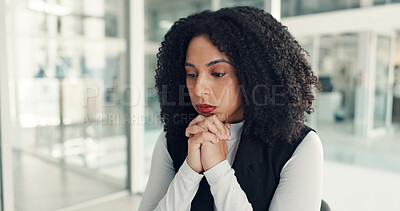Buy stock photo Woman, thinking and stress for mistake at office for reflection, decision or financial crisis at agency. Person, worry and frustrated for perspective, problem solving or solution at investing company