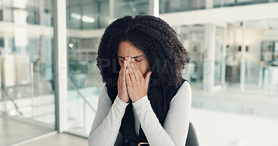 Buy stock photo Headache, black woman or stress in office with deadline, frustrated or tired from work. Anxiety, business person or burnout in company with eye strain, overworked or pressure for economic uncertainty