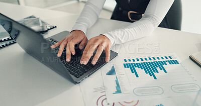 Buy stock photo Typing, online and hands with laptop, office or data entry with documents, financial report or info. Corporate, account manager and person with paperwork for graph, chart and record keeping on web