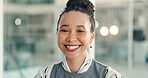 Portrait, business and woman in office with bokeh, entry level and skill growth in corporate job. Confident, success and marketing intern in workplace with smile, development or goals in career start