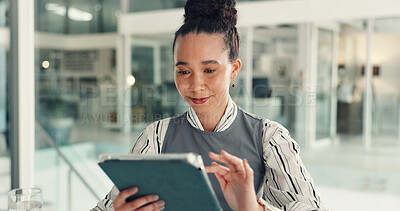 Buy stock photo Business, woman and reading on tablet in office for email, article newsletter and editor feedback. Journalist, pc and review research for proofreading, fact check and story information of publication