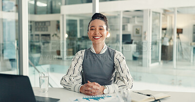 Buy stock photo Portrait, employee and woman with smile, office or confident with laptop, financial report or graph. Corporate, accountant and person with paperwork for data analysis, pride and stats of investment