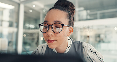 Buy stock photo Creative, woman and glasses with laptop in office for email, article newsletter and editor feedback. Journalist, pc and reflection for proofreading headline, fact check and information on publication