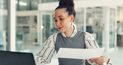 Buy stock photo Typing, info and woman with laptop, office or data entry with documents, financial report or online. Corporate, account manager and person with paperwork for record keeping, planning and research