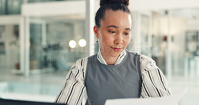 Buy stock photo Reading, paperwork and woman in office, serious and laptop for data entry, financial report and web. Corporate, account manager and person with document for record keeping, planning and research