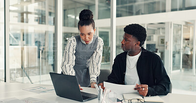Buy stock photo Laptop, conversation and business people in office with documents for creative project in collaboration. Computer, paperwork and magazine editors with online article for publishing in workplace
