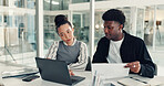 Laptop, discussion and business people in office with documents for creative project in collaboration. Computer, paperwork and team of magazine editors with online article for publishing in workplace