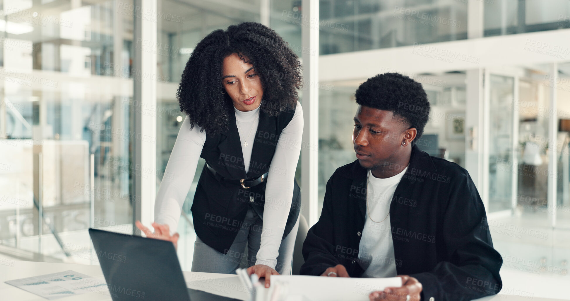 Buy stock photo Laptop, discussion and business people in office with planning for creative project in collaboration. Computer, help and mentor with magazine editors with online article for publishing in workplace.