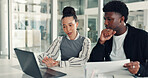 Laptop, collaboration and business people in office with documents for creative project with discussion. Computer, paperwork and team of magazine editors with article for publishing in workplace.
