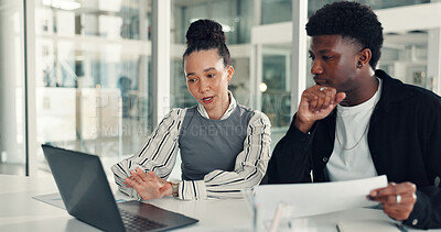 Buy stock photo Laptop, collaboration and business people in office with documents for creative project with discussion. Computer, paperwork and team of magazine editors with article for publishing in workplace.