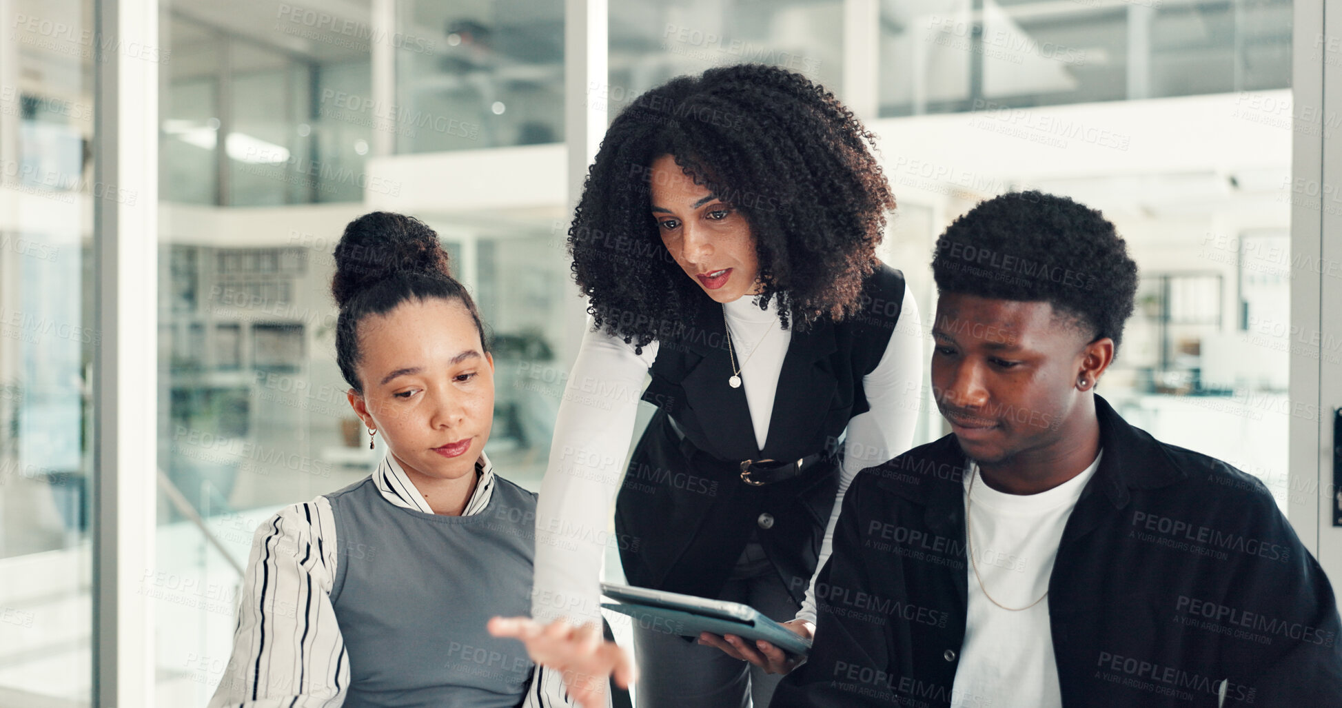 Buy stock photo Business, tablet and people in office, discussion and financial agency with feedback for audit. Employees, man and women with tech, teamwork and advice for trading, help or app for profit calculation