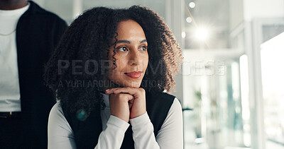Buy stock photo Thinking, black woman and reflecting in office with flare, peace or professional in workplace. Smile, business people or coworking in company with driven mindset, idea or plan for project opportunity