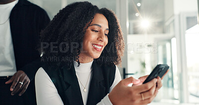 Buy stock photo Reading, smile and woman in office with phone, online search or positive feedback for company reviews. Browsing internet, happy manager and comment on mobile, criticism or suggestion for improvement 