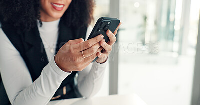 Buy stock photo Hands, woman and typing with phone in office for work email, check schedule or online communication. Business, space and employee with smartphone at agency for web search, app download and networking