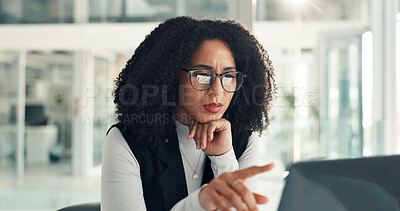 Buy stock photo Reading, glasses and business woman on laptop for proofreading report, article and website review. Office, publisher and person with tech for editing, reflection and story for digital magazine