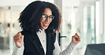 Celebration, laptop and business woman in office with job promotion, career victory or achievement. Happy, cheering and female person with winner for bonus, approval or client target in workplace