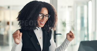 Buy stock photo Celebration, laptop and business woman in office with job promotion, career victory or achievement. Happy, cheering and female person with winner for bonus, approval or client target in workplace