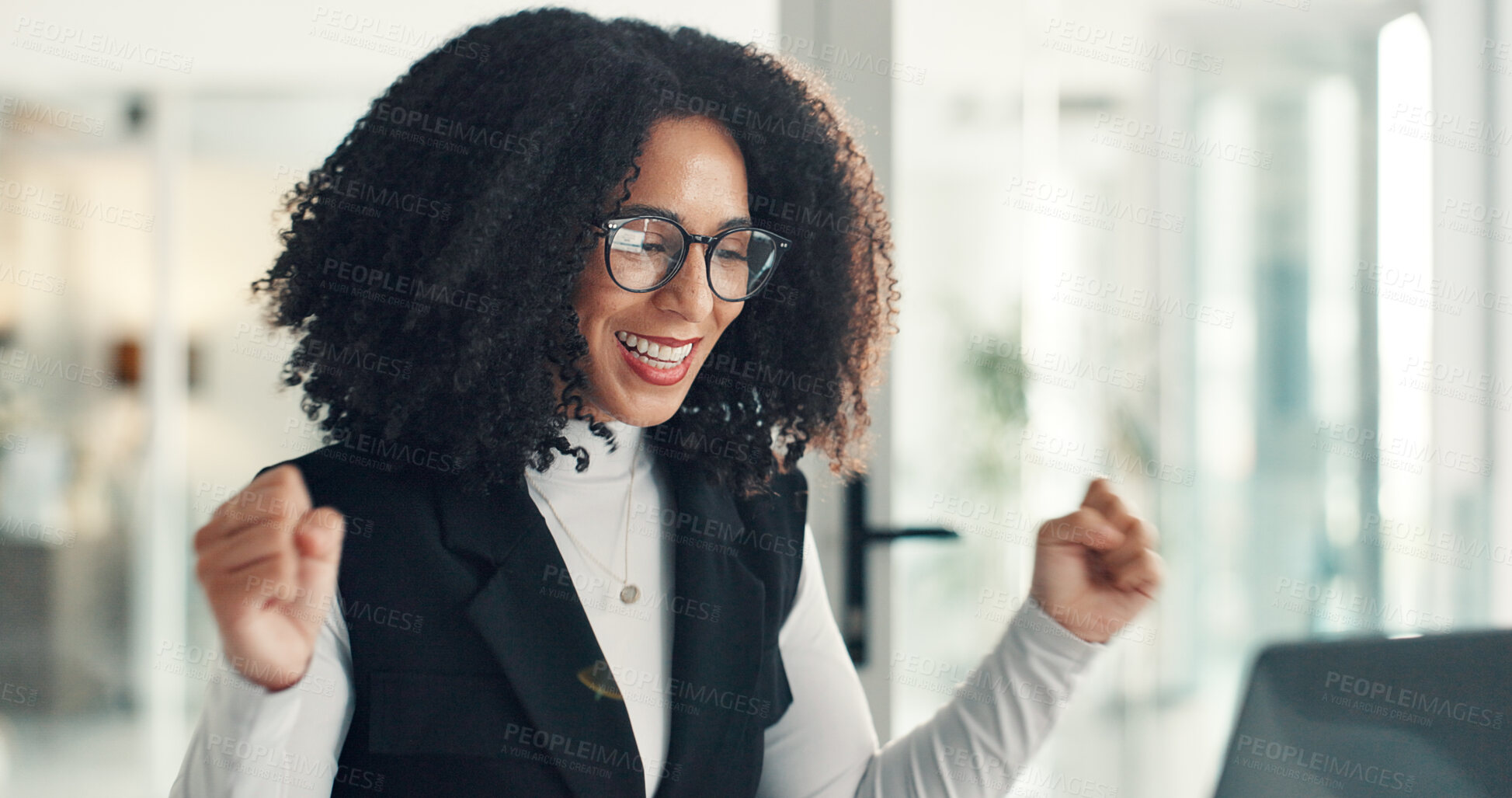 Buy stock photo Celebration, laptop and business woman in office with job promotion, career victory or achievement. Happy, cheering and female person with winner for bonus, approval or client target in workplace