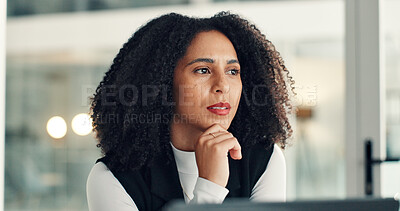 Buy stock photo Business woman, thinking or insight in office with planning for litigation, judicial hearing or bokeh. Female lawyer, advocate or attorney with laptop, corporate law decision or mindset for legal aid