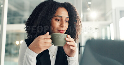 Buy stock photo Business, coffee and woman with laptop, thinking or online reading with manuscript submission. Journalist, creative agency or drink in office, caffeine or pc with email notification or review article