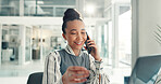 Phone call, happy and business woman in office for client deal, negotiation and discussion. Professional, startup agency and African person on smartphone for communication, contact and networking