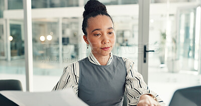 Buy stock photo Serious, online and woman with laptop, office or data entry with document, financial report or info. Business, account manager and person with paperwork for research, typing and record keeping on web